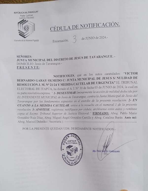 Intendente imputado por lesión de confianza solicitó restitución de su cargo y Justicia Electoral falló en su contra - Nacionales - ABC Color