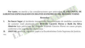 Se mantienen medidas cautelares sobre bienes de Wilfrido Cáceres y Ruth Da Silva