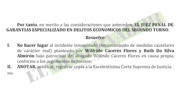 Se mantienen medidas cautelares sobre bienes de Wilfrido Cáceres y Ruth Da Silva