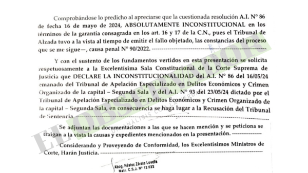 Néstor Zárate cuestiona independencia de jueza en acción de inconstitucionalidad