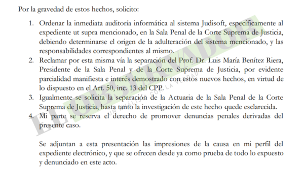 Defensa de Carlos Arregui denunció alteración de datos en el sistema informático de la Sala Penal