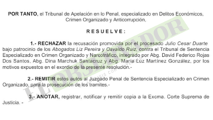 Rechazan otro intento de Duarte Servián de apartar a Tribunal de Sentencia