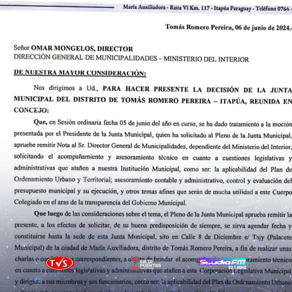 PRESENTAN ANTE EL MINISTERIO DEL INTERIOR PEDIDO DE INTERVENCIÓN DE LA COMUNA DE TOMAS ROMERO PEREIRA - TVS