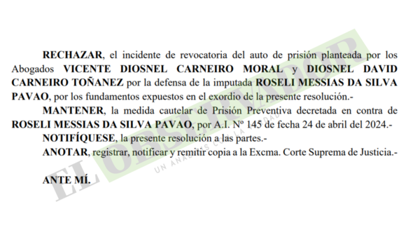 Juez ratificó prisión preventiva de cuñada de Pavão