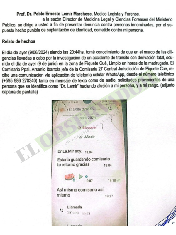 Jefe de Medicina Legal del Ministerio Público denuncia intento de suplantación de identidad