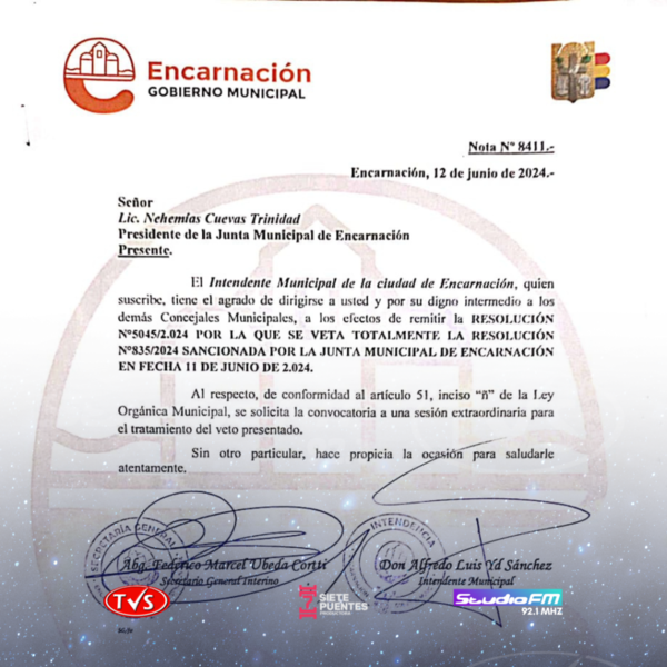 EL INTENDENTE DE LA CIUDAD DE ENCARNACIÓN VETÓ LA RESOLUCIÓN N° 835/2024. - TVS