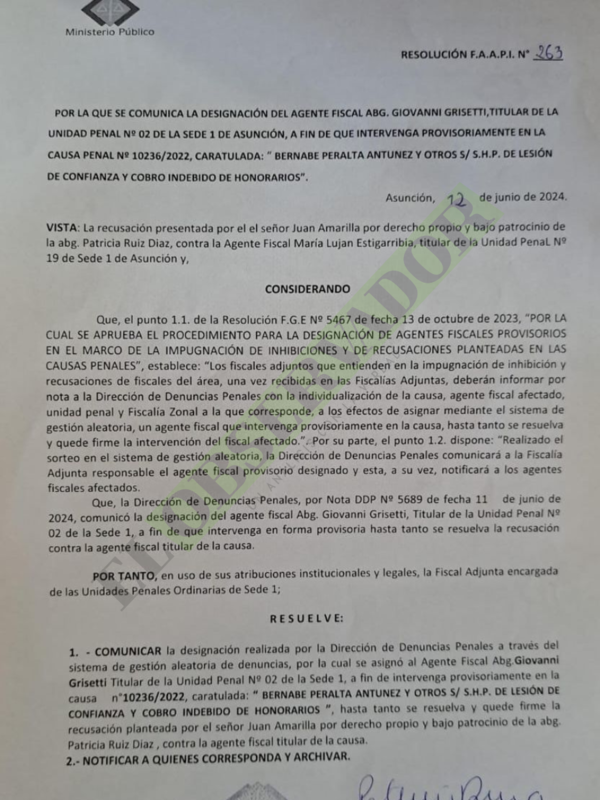 Designan a fiscal Grisetti de forma provisoria en causa a exdirectivos de Caja Municipal.