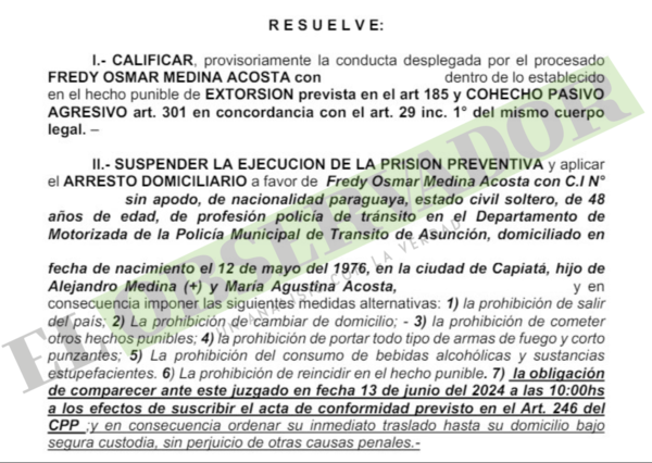 Aplican arresto domiciliario para PMT imputado por extorsión, cohecho y quien sería reincidente