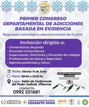 Mañana se realizará el Primer Congreso Departamental de Adicciones Basada en Evidencia