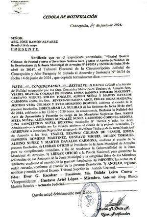 Tribunal Electoral ordena restitución de ediles titulares en la Junta Municipal de Arroyito