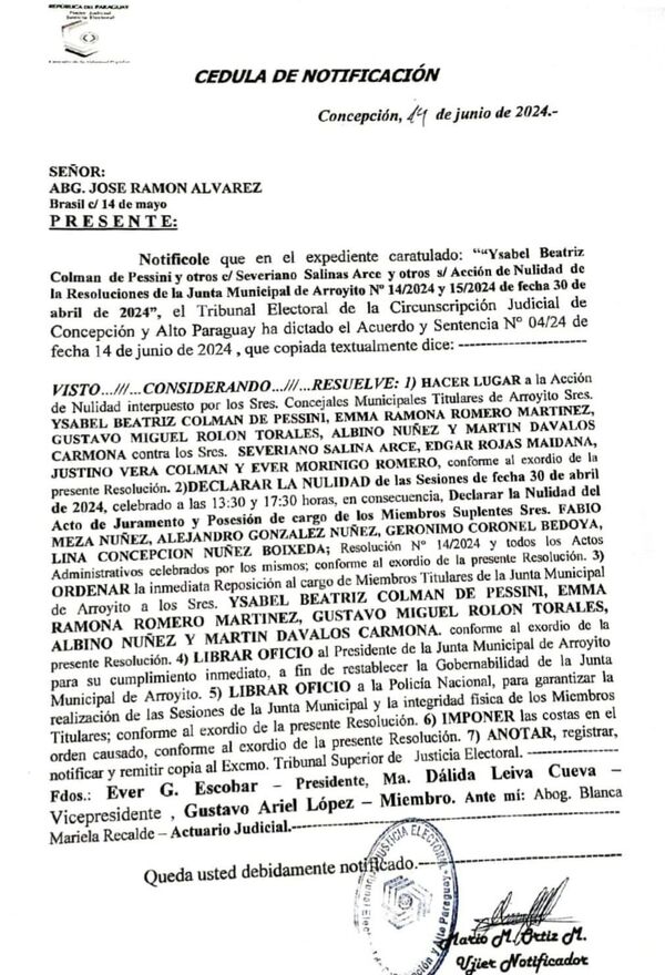 Tribunal Electoral ordena restitución de ediles titulares en la Junta Municipal de Arroyito