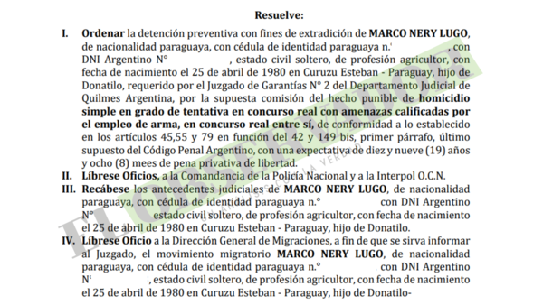Ordenan captura de paraguayo buscado por intento de homicidio en Argentina