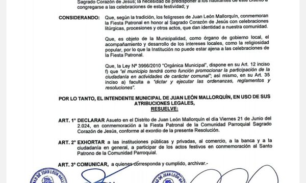 Mallorquín: declaran asueto por fiesta patronal