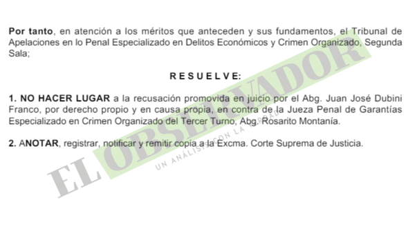 Dubini Franco suma un nuevo rechazo a intento de apartar a la jueza Rosarito Montanía