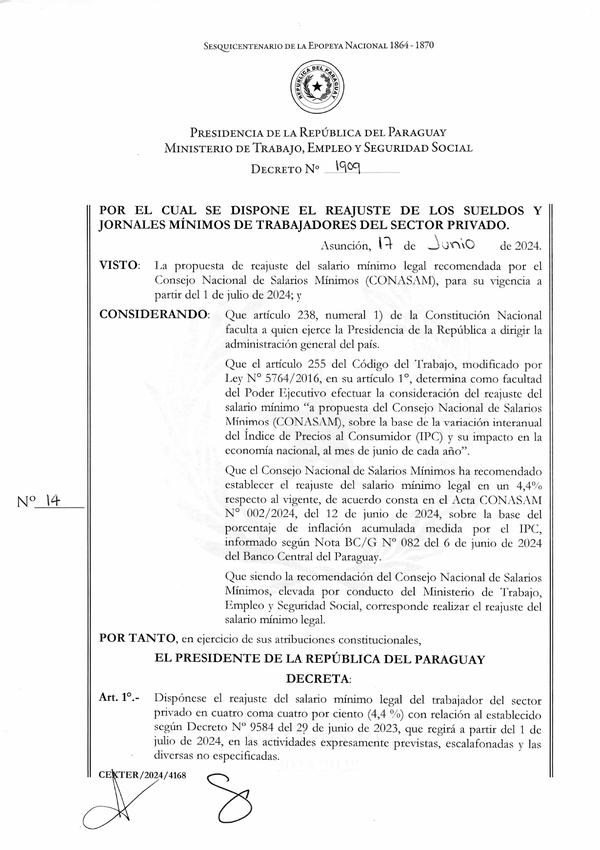 Peña firmó decreto que dispone reajuste del salario mínimo » San Lorenzo PY