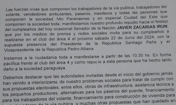 Preparan manifestaciones de repudio a Zacarías y Cartes este fin de semana en el Este