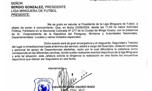 Fin de semana sin fútbol en Minga Guazú, porque Policía cuidará a políticos corruptos