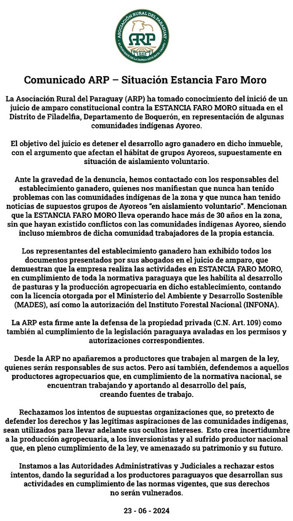 ARP descarta conflictos con indígenas en el Chaco paraguayo