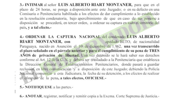 Exministro Riart ingresa a la Agrupación Especializada para cumplir condena de 3 años