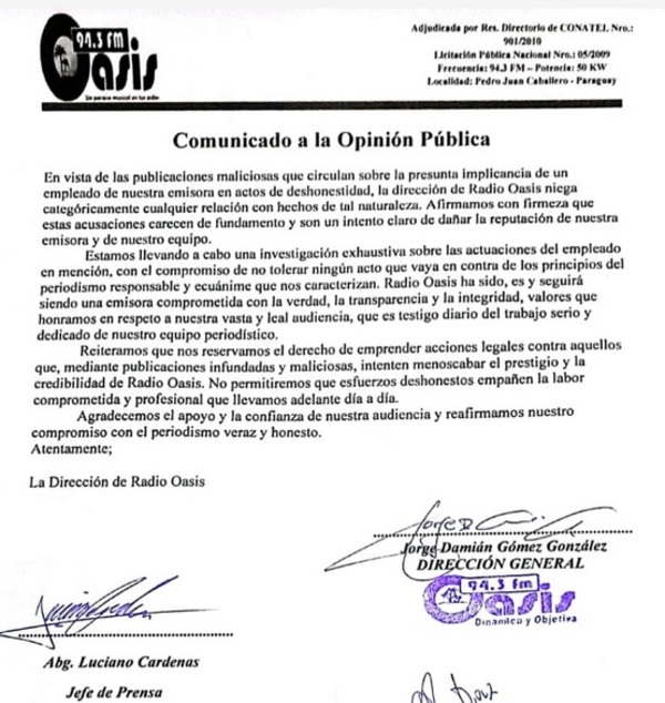 Nota Aclaratoria - Radio Imperio 106.7 FM