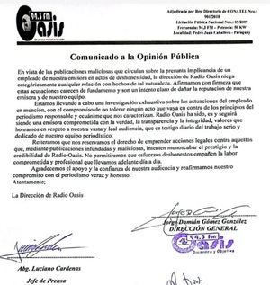 Nota Aclaratoria de radio Imperio 106.7 FM de Pedro Juan Caballero