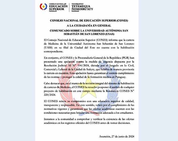 Jueza de Itakyry desobedece resolución de Cones y habilita carrera de Medicina en CDE | DIARIO PRIMERA PLANA