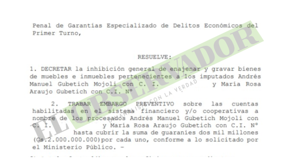 Gubetich y esposa no podrán disponer de bienes y cuentas por inhibición general