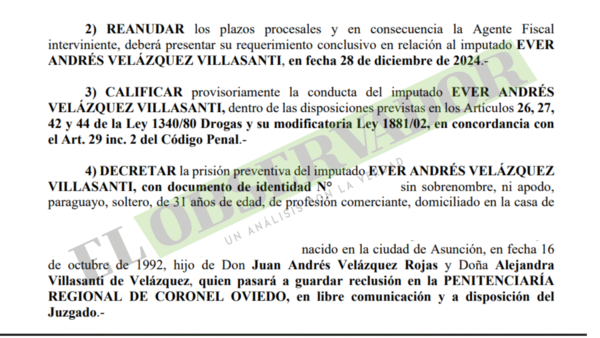 Ever Velázquez fue remitido al Penal de Cnel. Oviedo, por falta de constancias de que su vida corre peligro
