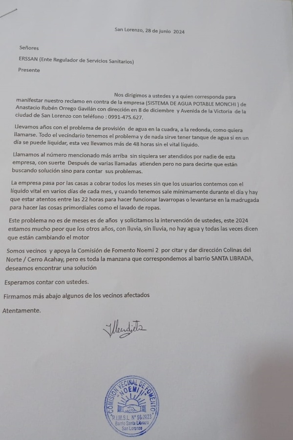 Vecinos de San Lorenzo sufren cortes de agua de la aguatera Monchi » San Lorenzo PY