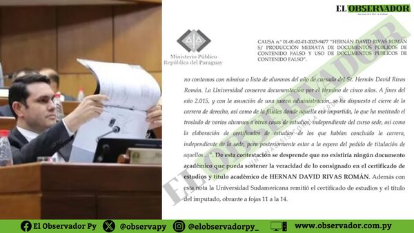“No existiría ningún documento académico para sostener veracidad de lo consignado en certificado y título de Hernán Rivas”
