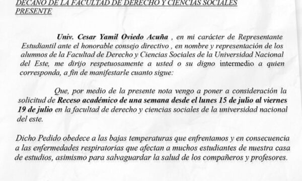 Alumnos de Facultad de Derecho-UNE piden receso del 15 al 19 de julio por bajas temperaturas