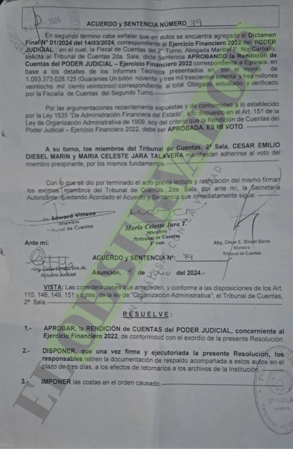 Tribunal de Cuentas aprobó rendición del Poder Judicial por más de G. 1 billón del ejercicio 2022