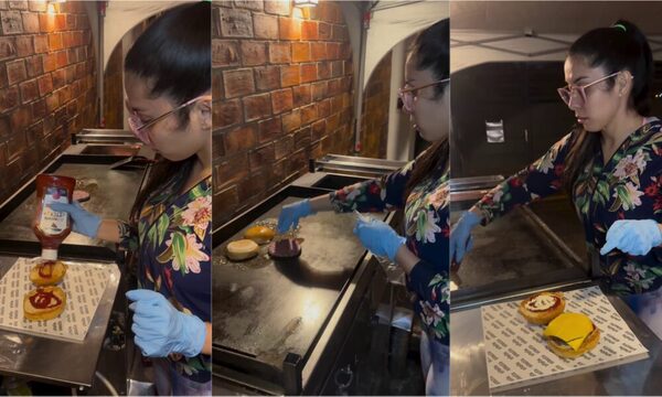 [VIDEO] A falta de desfiles por el frío, ¡esta modelo empezó a hacer y vender hamburguesas!