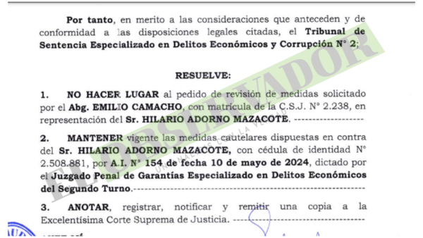 Se mantiene prohibición de acercamiento de Hilario Adorno a la municipalidad de Puerto Casado