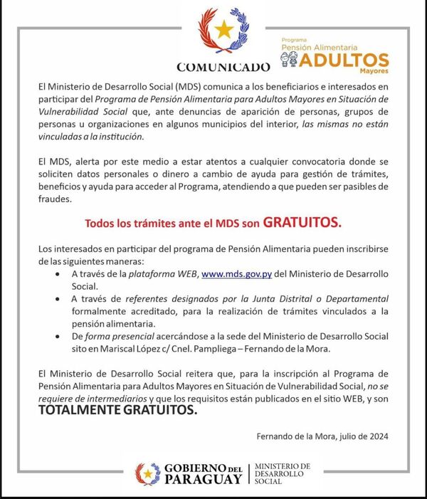 Ministerio de Desarrollo Social alerta sobre presuntos «intermediarios» para el subsidio de la Tercera Edad