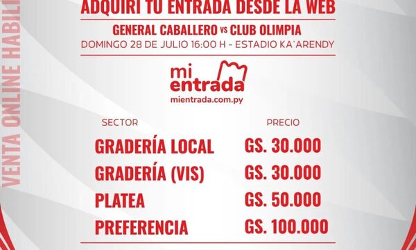 Caballero establece precios de entradas para su juego ante Olimpia