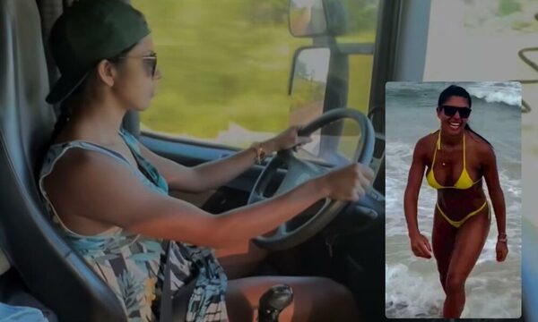 [VIDEO] ¡Belleza todo terreno! Así, manejando un “semi”, esta modelo felicita a los camioneros por su Día