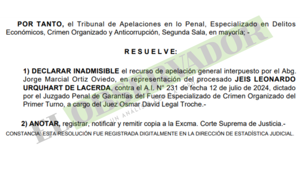 Presentación extemporánea radica en inadmisibilidad de apelación para presunto narco
