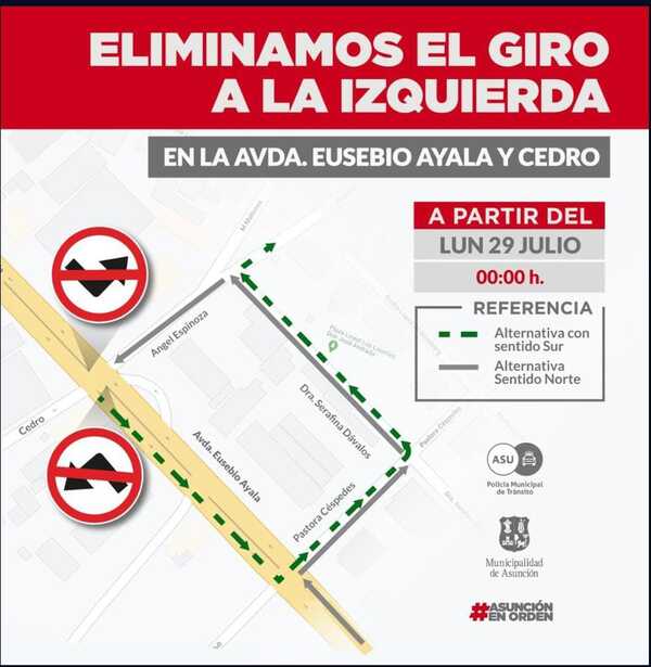 Giro a la izquierda sobre Eusebio Ayala y Cedro, prohibido a partir del lunes - trece