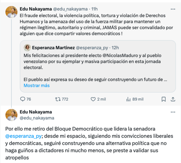 Eduardo Nakayama renuncia a la Bancada Democrática tras felicitación de Esperanza Martínez a Maduro - El Trueno