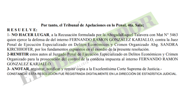 Cámara rechazó recusación del hijo de RGD contra jueza de ejecución