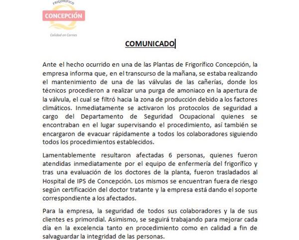 COMUNICADO DE FRIGORÍFICO CONCEPCIÓN: INCIDENTE EN LA PLANTA