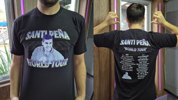 Hacen remera de "tour mundial" del presi: “Santi Peña viajó tanto como Karol G este año”