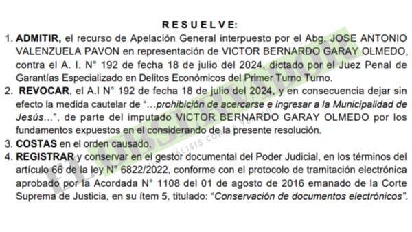Intendente procesado por lesión de confianza podrá reingresar a Municipalidad, resolvió la Cámara