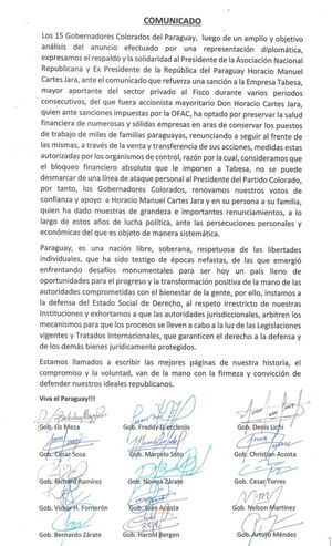 Gobernadores colorados cierran filas alrededor de Horacio Cartes y rechazan sanciones de EE.UU. - El Trueno