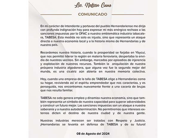 Intendente de Hernandarias se levanta en defensa de Tabesa por sanciones de EE.UU. | DIARIO PRIMERA PLANA