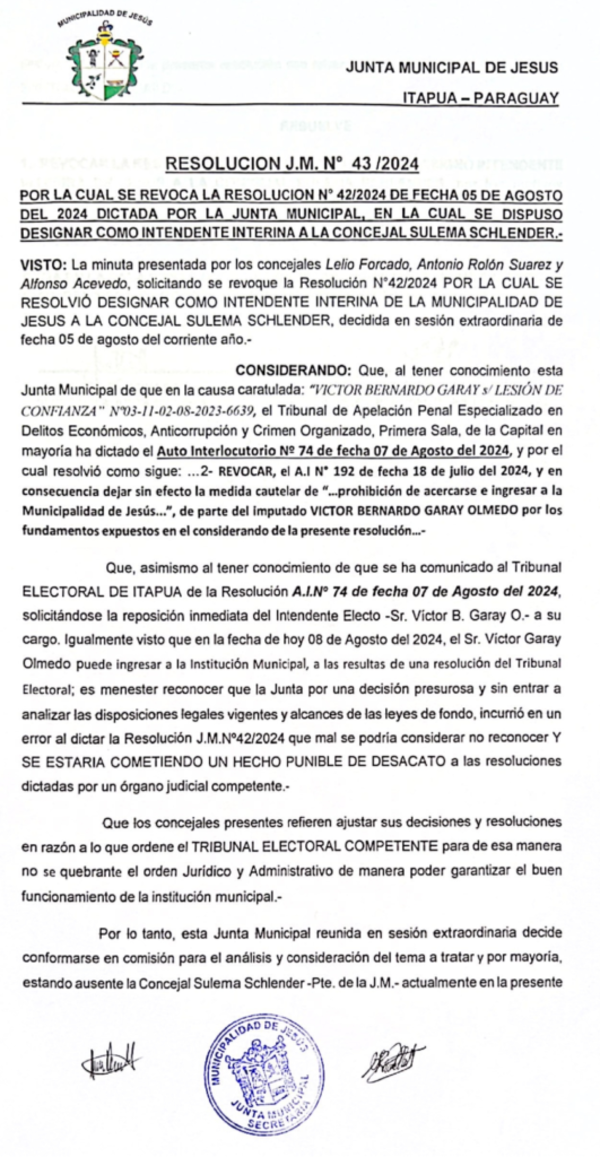 JUNTA MUNICIPAL DE JESÚS REVOCA LA DESIGNACIÓN DE SULEMA SCHLENDER COMO INTENDENTA INTERINA - TVS