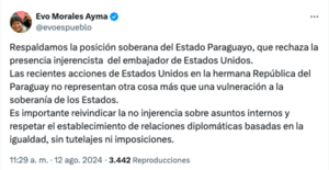 Evo Morales respalda la decisión de Santiago Peña de pedir la salida adelantada del embajador de EE.UU. - El Trueno