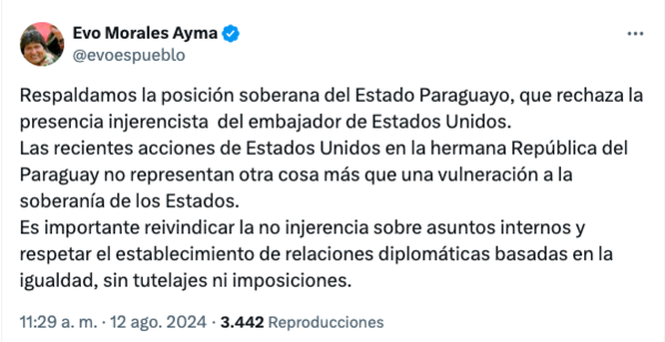 Evo Morales respalda la decisión de Santiago Peña de pedir la salida adelantada del embajador de EE.UU. - El Trueno