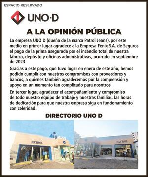 Comunicado de UNO D a la opinión pública - Espacio Reservado - ABC Color